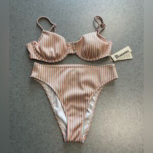 No Boundaries Ribbed Striped Bikini Set Underwire Top High Cut Bottoms—M/L*